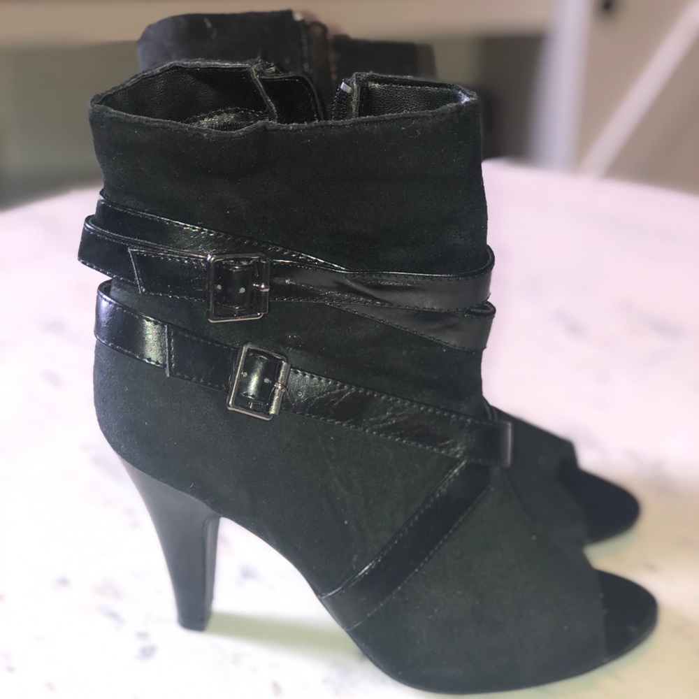 Black suede peep toe ankle booties